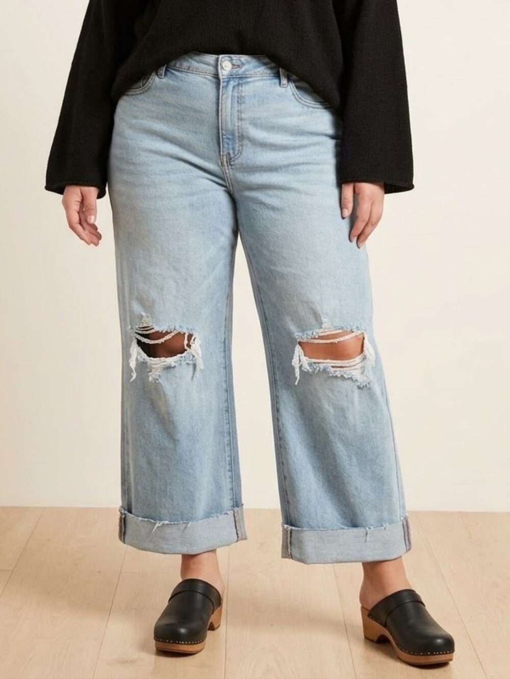 NEW Risen Jeans Wide Leg Womens 2XL High Rise Distressed Light Wash Raw Hem